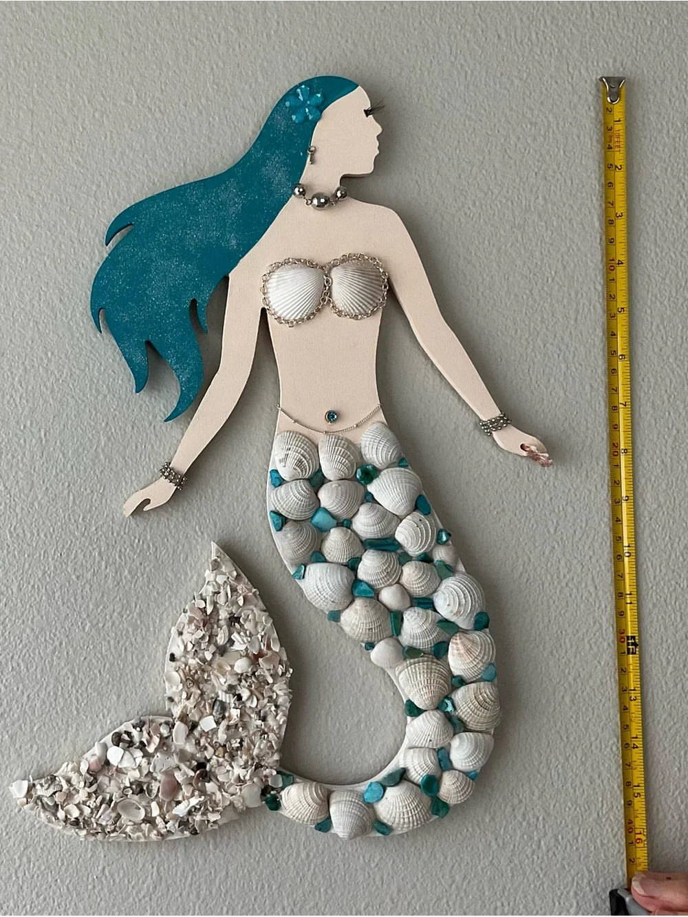 Handcrafted Mermaid Shell Wall Decor in Teal and Cream